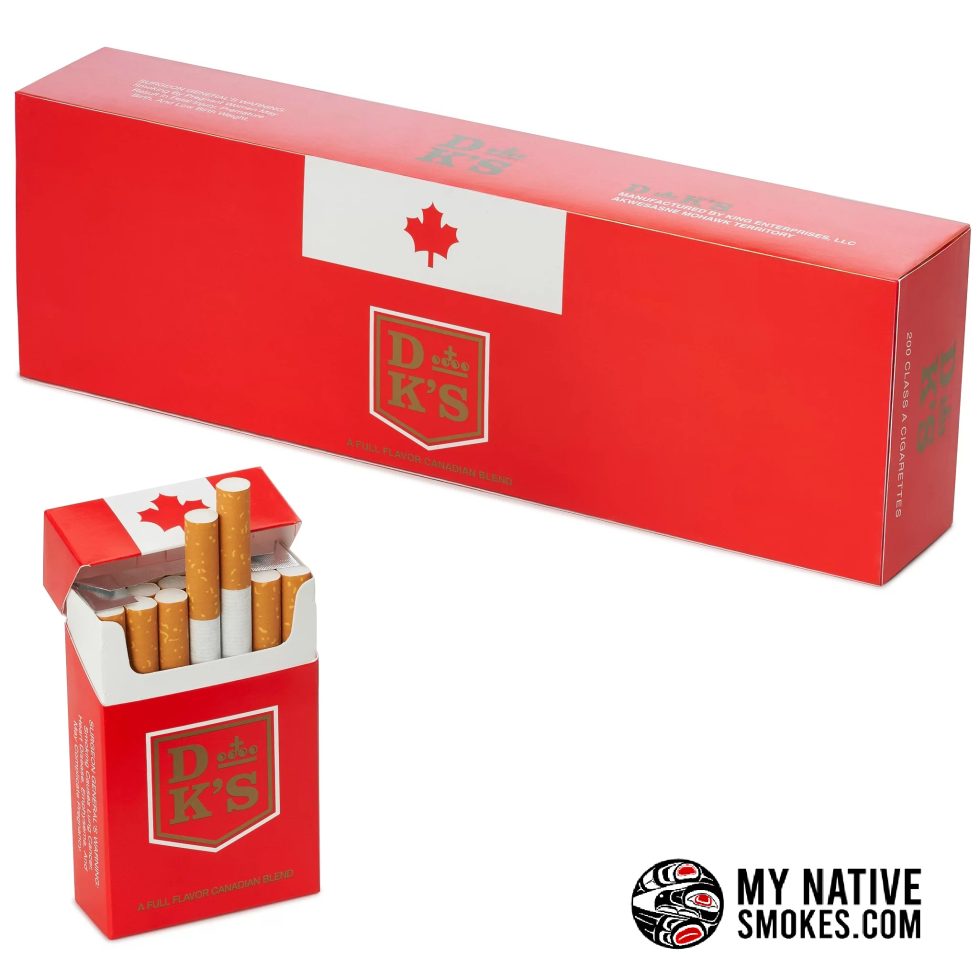 DK'S Red Full Size Cigarettes from My Native Smokes featuring cheap Canadian cigarettes, Canadian smokes, Native cigarettes, and popular cigarette brands available online in Canada.