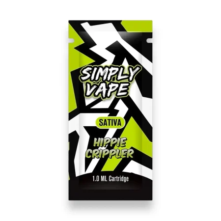 Simply Vapes Hippie Crippler 1ML THC vape cartridge featuring 90%+ THC distillate, strain-specific terpenes, and universal 510-thread compatibility.