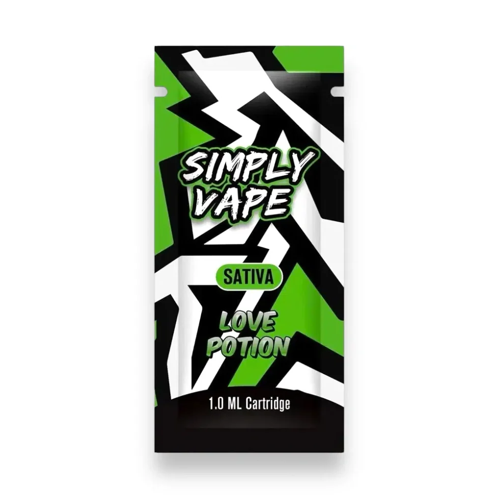Simply Vapes Love Potion 1ML THC vape cartridge featuring premium THC distillate, citrus-forward terpenes, and universal 510-thread compatibility.