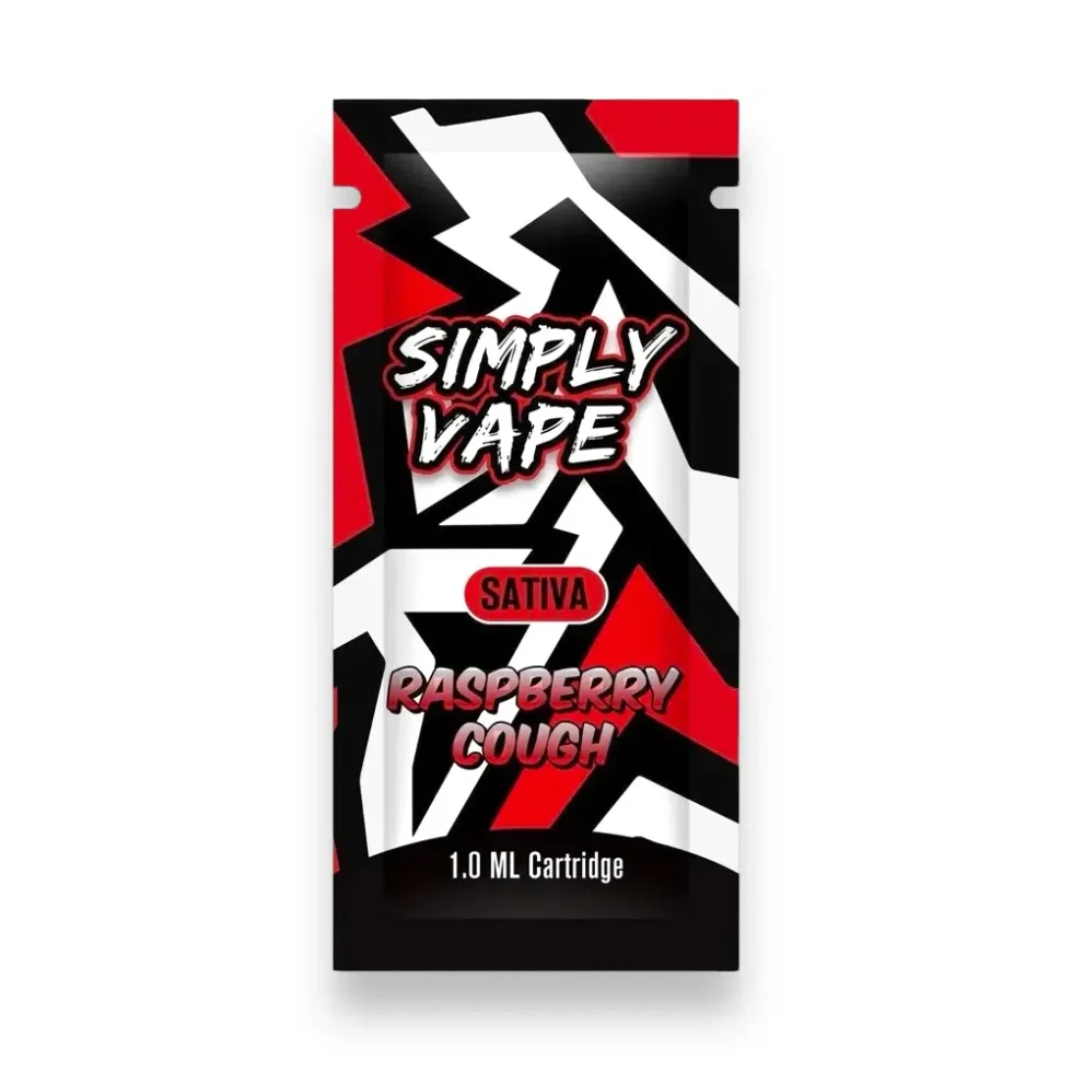 Simply Vapes Raspberry Cough 1ML THC vape cartridge with premium cannabis distillate and universal 510-thread connection.