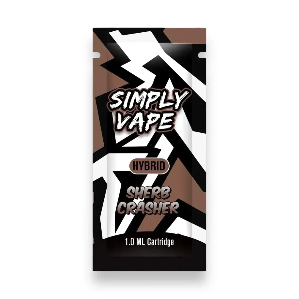Simply Vapes Sherb Crasher 1ML premium THC distillate cartridge with universal 510 thread available online from My Native Smokes.