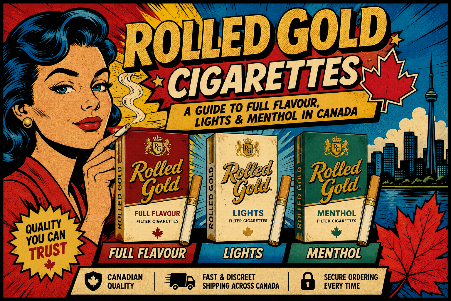 Retro-style illustration of Rolled Gold cigarettes featuring Full Flavour, Lights, and Menthol varieties in Canada