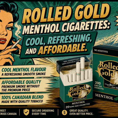 Retro-style banner featuring Rolled Gold Menthol cigarettes with a cool and refreshing menthol theme