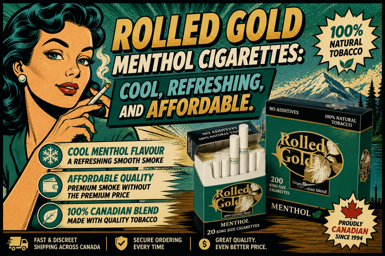Retro-style banner featuring Rolled Gold Menthol cigarettes with a cool and refreshing menthol theme