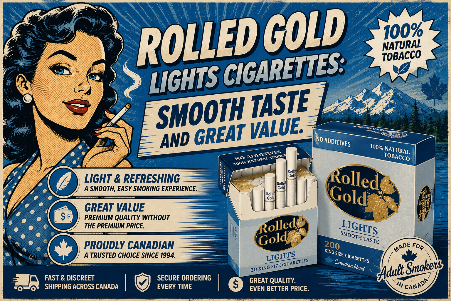 Retro banner featuring Rolled Gold Lights Cigarettes with a smooth taste and great value, promoting affordable Canadian cigarettes and cheap smokes online in Canada.
