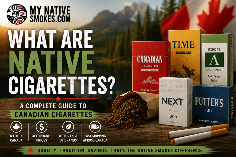 Adult smoker holding a pack of native cigarettes alongside affordable Canadian cigarettes and cheap smokes available in Canada.