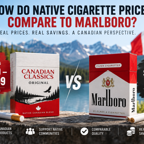 Native cigarette prices vs Marlboro in Canada showing Native cartons at $31.49–$44.99 compared with Marlboro at $150–$200