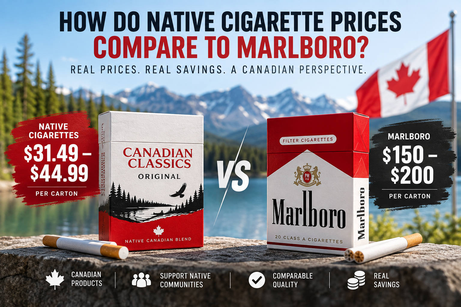 Native cigarette prices vs Marlboro in Canada showing Native cartons at $31.49–$44.99 compared with Marlboro at $150–$200