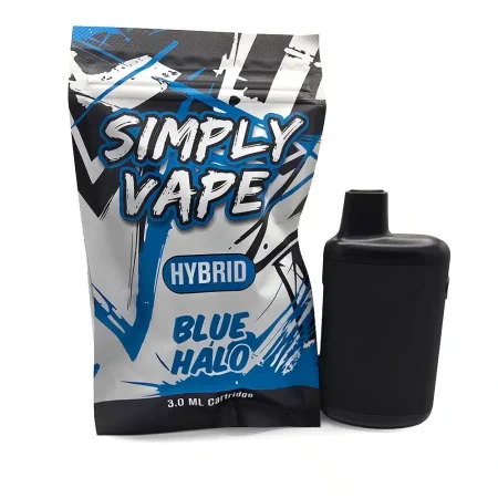 Simply Vapes Blue Halo 3ML hybrid THC disposable vape and packaging