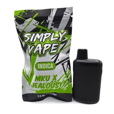 Simply Vapes MKU x Jealousy 3mL Indica THC disposable vape with packaging