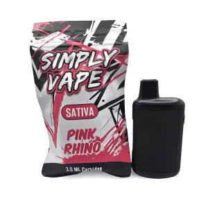 Simply Vapes Pink Rhino 3mL Sativa THC disposable vape with packaging