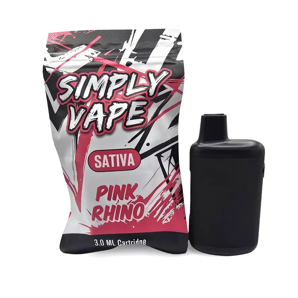 Simply Vapes Pink Rhino 3mL Sativa THC disposable vape with packaging